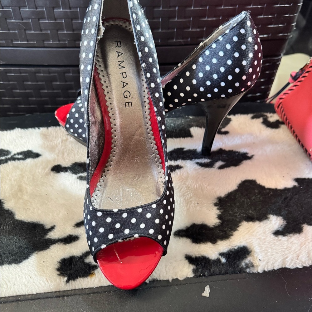 Rampage Black and White Polka Dot Heels with Red Accents